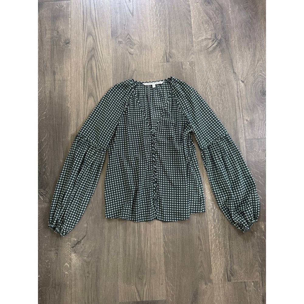 Veronica Beard Silk Balloon Sleeve Blouse 2‎ Green Geometric Button Front NWOT